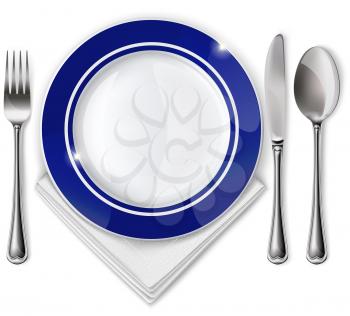 Empty plate with spoon, knife and fork on a white background. Mesh. 