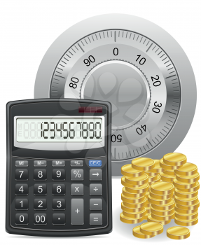 Royalty Free Clipart Image of a Calculator, Gold Coins and a Safe
