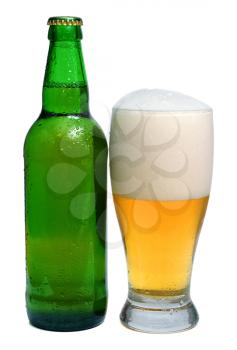 beer is in a bottle and glass isolated on white background