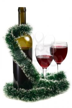 bottle with red wine and decoration for christmas isolated on white background