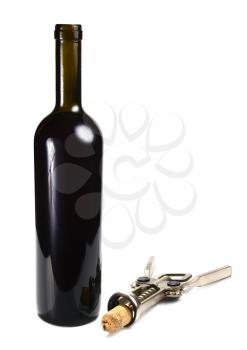 bottle with red wine and cork-screw isolated on white background