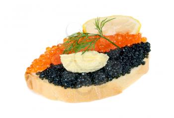 sandwich with black and red caviar isolated on white background