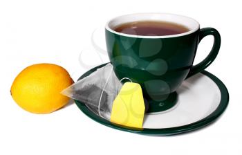 cup of tea and lemon isolated on white background