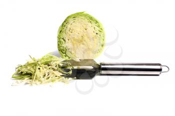 cut cabbage and knife isolated on white background
