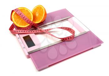 floor scales measuring ribbon and orange isolated on white background