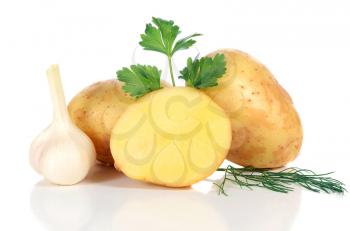 fresh raw potatoes isolated on white background