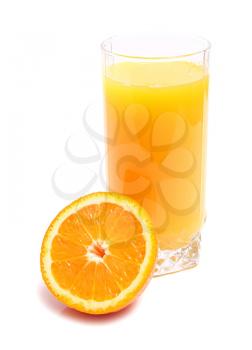 orange and juice in glass isolated on white background