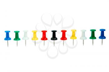 colour stationary pushpin on the white background row