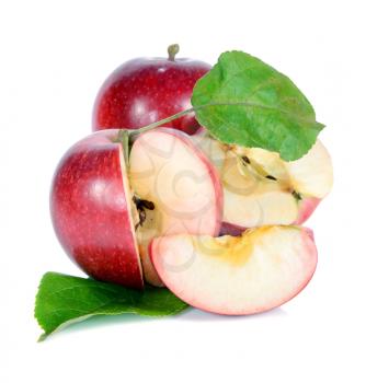 red apple with green leaves isolated on white background