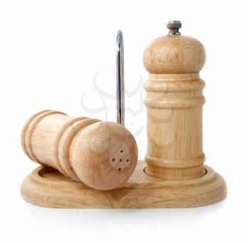 wooden salt sellar and pepper caster isolated on the white background
