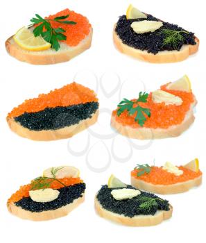 sandwich with red and black caviar isolated on white background
