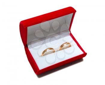 pair wedding rings in red box