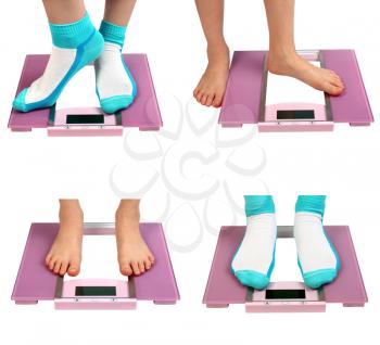 woman feet on floor scales isolated on white background