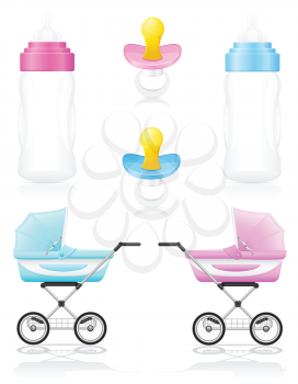 set icons perambulator bottle pacifier pink and blue vector illustration isolated on white background