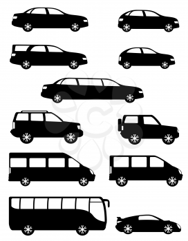 set icons passenger cars with different bodies black silhouette vector illustration isolated on white background