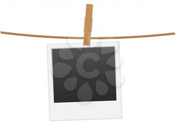 retro photo frame hanging on a rope with clothespin vector illustration isolated on white background