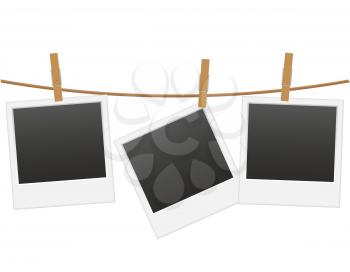 retro photo frame hanging on a rope with clothespin vector illustration isolated on white background