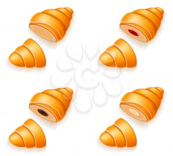 set icons of fresh crispy croissants with jam chocolate and cream vector illustration isolated on white background