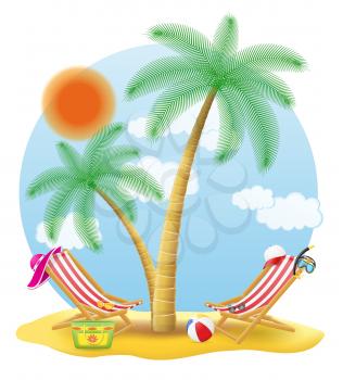 beach chairs stand under a palm tree vector illustration isolated on white background