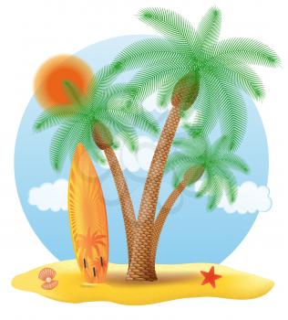 surfboard standing under a palm tree vector illustration isolated on white background