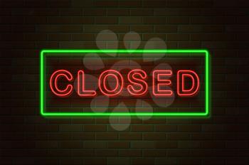 glowing neon signboard closed vector illustration on brick wall background