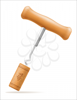 wooden corkscrew with cork vector illustration isolated on white background
