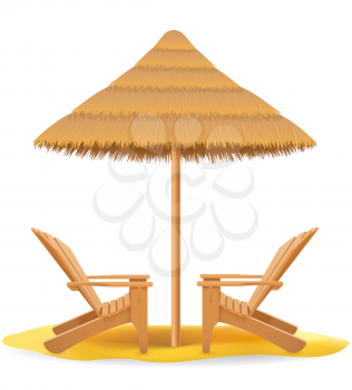 beach armchair lounger deckchair wooden and umbrella made of straw and reed vector illustration isolated on white background