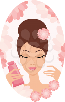 Royalty Free Clipart Image of a Woman Holding a Tube in a Floral Frame