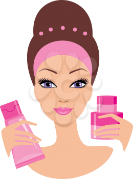 Royalty Free Clipart Image of a Woman Holding Cosmetics
