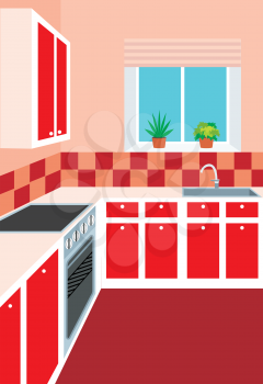 Royalty Free Clipart Image of a Red Kitchen