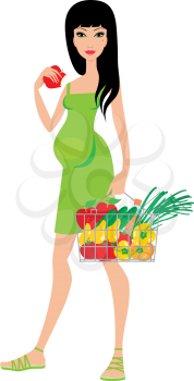 Royalty Free Clipart Image of a Pregnant Woman Carrying a Basket of Fresh Food and Eating an Apple