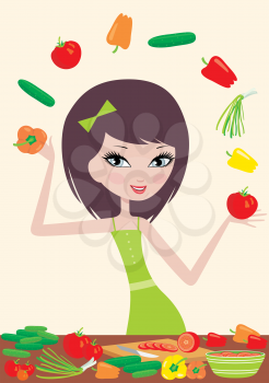 Royalty Free Clipart Image of a Girl Juggling Food