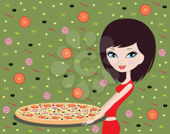 Royalty Free Clipart Image of a Girl With Pizza