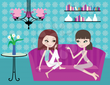 Royalty Free Clipart Image of Two Girls Talking on a Sofa