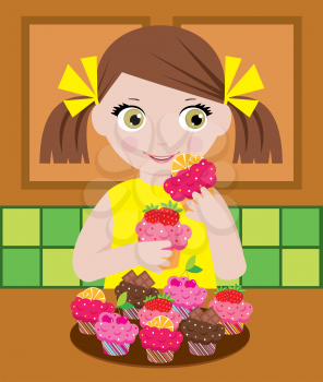 Royalty Free Clipart Image of a Little Girl Eating Cupcakes