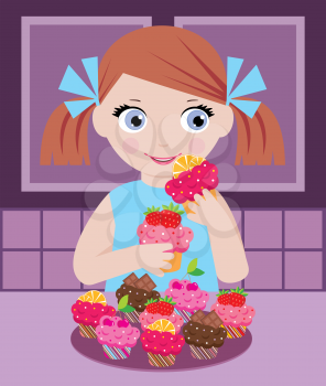 Royalty Free Clipart Image of a Girl in the Kitchen Eating Cupcakes