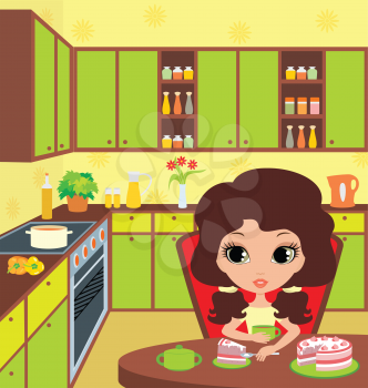 Royalty Free Clipart Image of a Girl Eating Cake