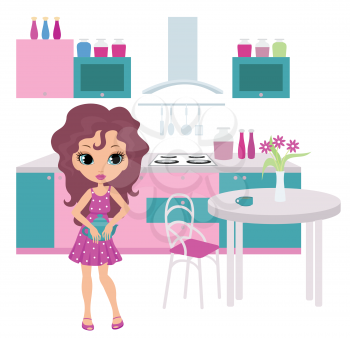 Royalty Free Clipart Image of a Girl in the Kitchen Having Tea