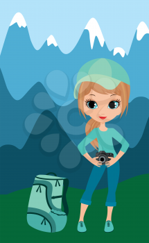 Royalty Free Clipart Image of a Girl With a Camera in the Mountains