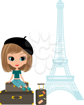 Royalty Free Clipart Image of a French Girl With Suitcases in Front of the Eiffel Tower