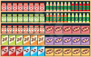 Royalty Free Clipart Image of Grocery Items on Shelves