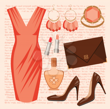 Royalty Free Clipart Image of an Orange Dress and Accessory Background