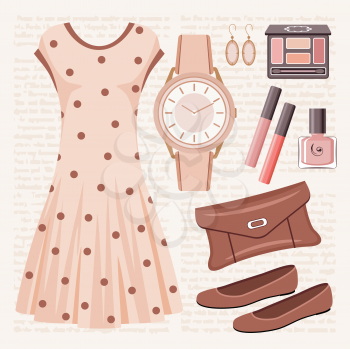 Royalty Free Clipart Image of a Polka Dot Dress and Accessories