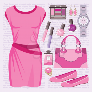 Royalty Free Clipart Image of a Pink Dress and Accessory Background