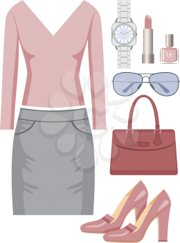 Royalty Free Clipart Image of a Skirt and Sweater With Accessories