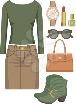 Royalty Free Clipart Image of a Skirt and Sweater Set With Accessories