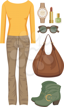 Royalty Free Clipart Image of a Jeans and Sweater Set With Accessories