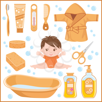 Royalty Free Clipart Image of a Baby and Bath Items