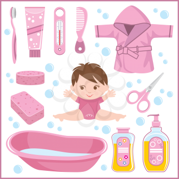 Royalty Free Clipart Image of a Baby and Bath Items