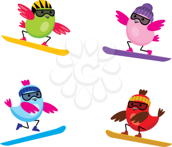 Royalty Free Clipart Image of Snowboarding Birds